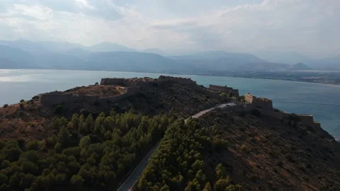 Aerial dramatic view over the medieval Venetian fortress of Palamidi fortress Stock Footage 199418189