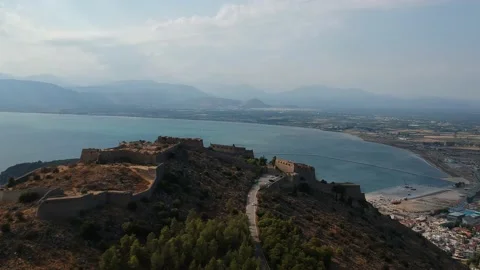 Aerial dramatic view over the medieval Venetian fortress of Palamidi fortress Stock Footage 199421143