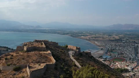 Aerial dramatic view over the medieval Venetian fortress of Palamidi fortress Stock Footage 199423379