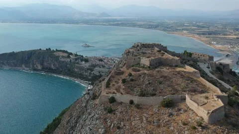 Aerial dramatic view over the medieval Venetian fortress of Palamidi fortress Stock Footage 199423898