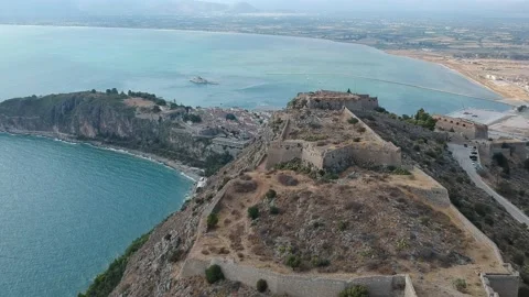 Aerial dramatic view over the medieval Venetian fortress of Palamidi fortress Stock Footage 199430815