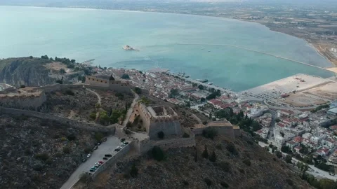 Aerial dramatic view over the medieval Venetian fortress of Palamidi fortress Stock Footage 199435978