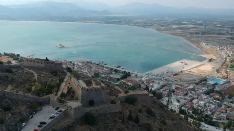 Aerial dramatic view over the medieval Venetian fortress of Palamidi fortress Stock Footage 199437844