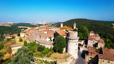 Aerial drone 4k flight view Trequanda mediaval-Tuscany Italian town anncient Stock Footage 202591471