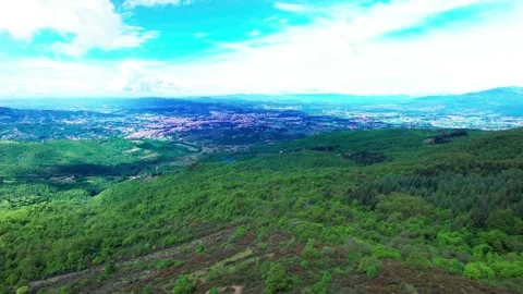 Aerial drone 4K PAN view Town Arezzo Landscape from Mountain Poti-Tuscany-Italy Stock Footage 241174239
