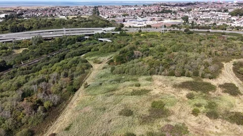 Aerial drone 4K view of Wallasey residential area glowing in warm daylight Stock Footage 343159783