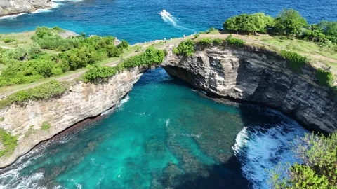 Aerial Drone Approach Over Broken Beach Natural Rock Bridge, Nusa Penida Bali Stock-Footage 330485579