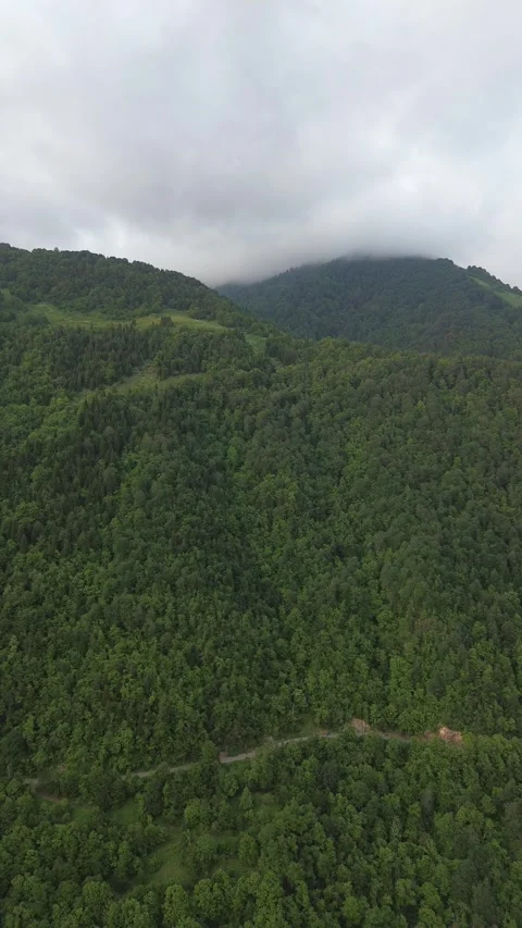 Aerial Drone Approaching Mountain Green Meadow Road Adjara Georgia, Low Clouds,  스톡 동영상 337541313