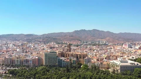 Aerial drone ascent looking towards La Manquita Catedral Malaga, Spain Stock Footage 229016845