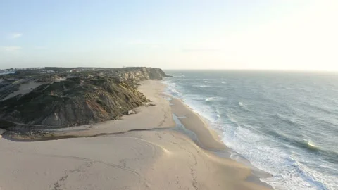 Aerial Drone Beach summer vibes in Santa Cruz Portugal 4K Smooth Cinematic Video Stock Footage