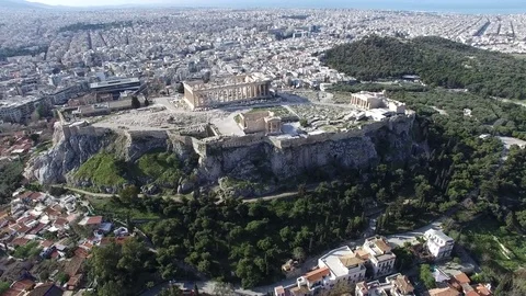 Aerial drone bird view close up flight around the Acropolis of Athens 4k Stock Footage 69789220