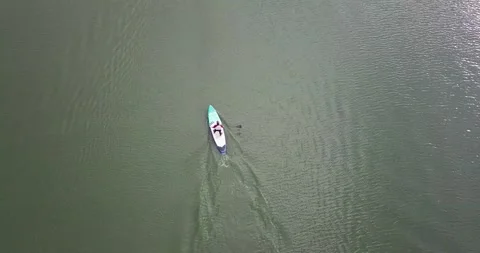 Aerial drone bird's eye view of man exercising sup board Stock Footage 140935053