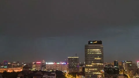 Aerial Drone Of Bucharest City Centre With Thunderstorm Lightning Strikes On Sky Stock Footage 158798522