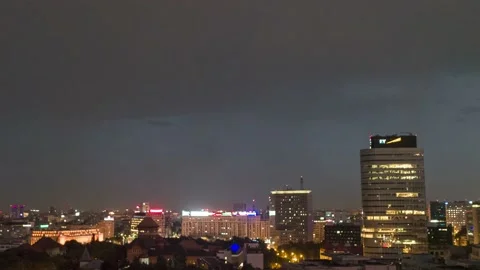 Aerial Drone Of Bucharest City Centre With Thunderstorm Lightning Strikes On Sky Stock Footage 158798554