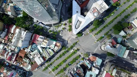 Aerial Drone - Busy Intersection Downtown Ho Chi Minh City Vietnam Stock Footage 87238579