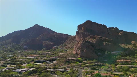 Aerial Drone Camelback Mountain Desert Landscape Clear Blue Sky Scottsdale AZ Stock-Footage 330267264