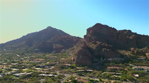 Aerial Drone Camelback Mountain Desert Landscape Clear Blue Sky Scottsdale AZ Video stock 330267477