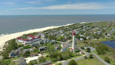 Aerial Drone of Cape May Point Lighthouse New Jersey Blue Skies Summer Видео 141087462