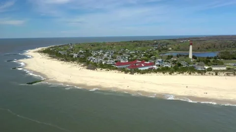 Aerial Drone of Cape May Point Lighthouse New Jersey Blue Skies Summer 库存影片 141087472