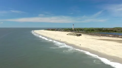 Aerial Drone of Cape May Point Lighthouse New Jersey Blue Skies Summer Vidéo 141087473