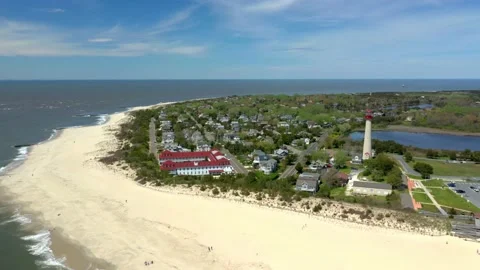 Aerial Drone of Cape May Point Lighthouse New Jersey Blue Skies Summer Stockbeeldmateriaal 141087477