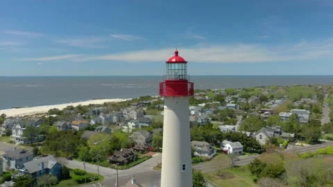Aerial Drone of Cape May Point Lighthouse New Jersey Blue Skies Summer 库存影片 141087501