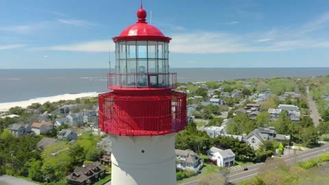 Aerial Drone of Cape May Point Lighthouse New Jersey Blue Skies Summer 库存影片 141087507