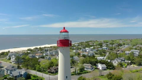 Aerial Drone of Cape May Point Lighthouse New Jersey Blue Skies Summer Vidéo 141087510