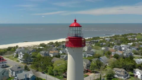 Aerial Drone of Cape May Point Lighthouse New Jersey Blue Skies Summer 库存影片 141087517