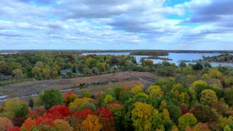 Aerial drone captures stunning fall colors at Orchard and Cass Lakes in Michigan Video stock 220035321