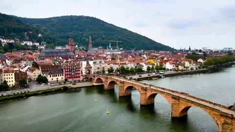 Aerial drone of the Charles Bridge,old German city Heidelberg with old church 4k Stock Footage 245969940