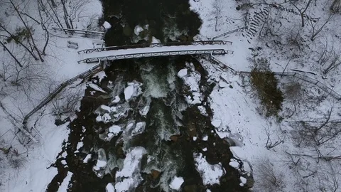 Aerial drone of Chittenango Falls during the Winter Stock Footage 86571019