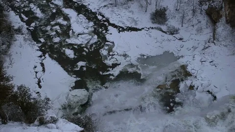 Aerial drone of Chittenango Falls during the Winter Stock Footage 86571554