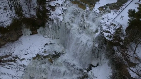 Aerial drone of Chittenango Falls during the Winter Stock Footage 86571574