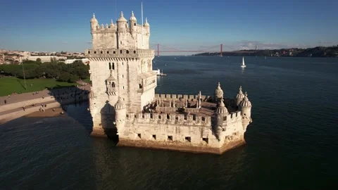 Aerial drone circular panning of Belem Tower, Lisbon, Portugal Stock Footage 221272446