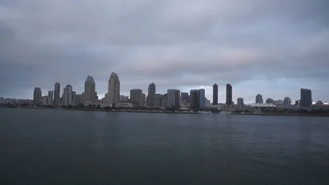 Aerial Drone to City Downtown from Across the Bay Stock Footage