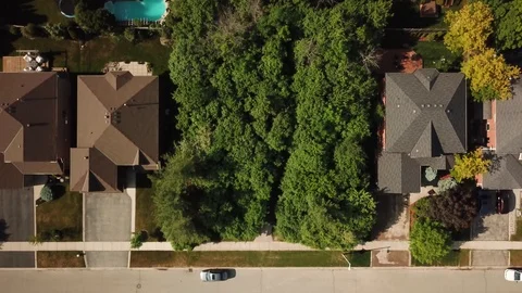 Aerial drone clip, top down, low altitude, of a suburb in summer. Video stock 90467333
