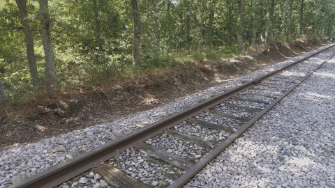 AERIAL DRONE CLOSE FORWARD SIDE MOVEMENT OF RAILWAY TRACKS IN GREEN WOODS Stock Footage 130132540