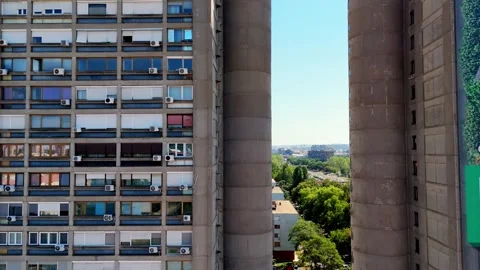Aerial drone close-up of Genex Tower in Belgrade, Serbia iconic brutalist Stock Footage 320555600