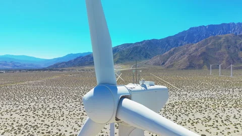 Aerial drone close up of non working wind turbine in Palm Springs California 動画素材 334641047