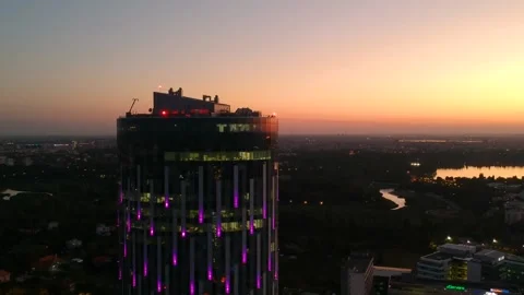 Aerial drone close up view of Bucharest city skyline at sunset Stock Footage 131236000