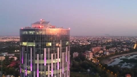 Aerial drone close up view of Bucharest city skyline at sunset Stock Footage 131236020
