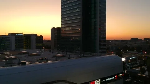 Aerial drone close up view of Bucharest city skyline at sunset Stock Footage 131236298