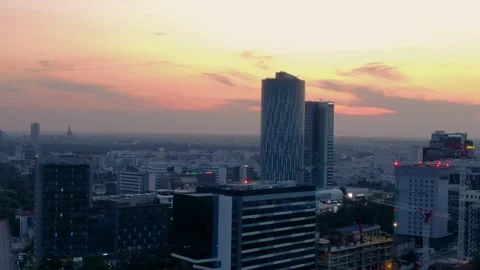 Aerial Drone Close Up View Of Bucharest City Skyline Business District At Sunset 動画素材 158251370