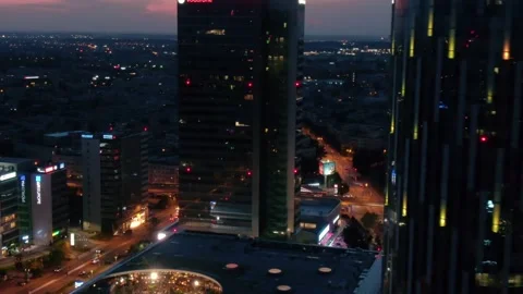 Aerial Drone Close Up View Of Bucharest City Skyline Business District At Dusk 動画素材 158251425