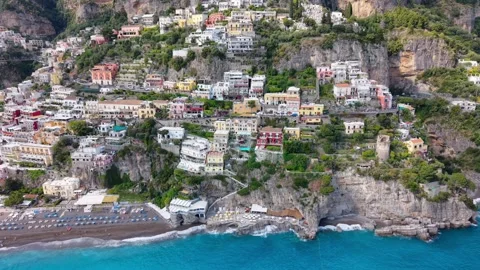 Aerial Drone Close View Positano Buildings Beach Clubs Waterfront Amalfi Stock Footage 337889995