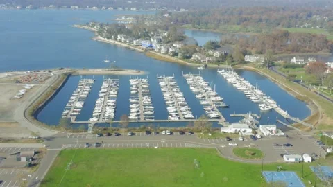 Aerial drone of Compo Beach marina in Westport, Conn. USA. Circa 2020 Stock Footage 149228211