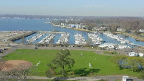 Aerial drone of Compo Beach marina in Westport, Conn. USA. Circa 2020 Stock Footage 149228333