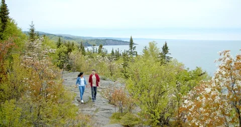 Aerial Drone, Couple at Split Rock Lighthouse State Park Stock Footage 115043055