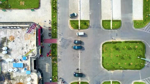 Aerial drone descending straight down show showing midway rest area pitstop on Stock Footage 305943297
